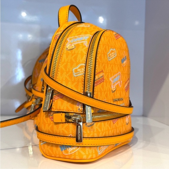 Michael Kors Rhea Extra-Small Printed Signature Logo Backpack Pop Orange - Picture 5 of 9